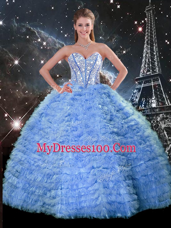 On Sale Blue Sleeveless Floor Length Beading and Ruffles Lace Up 15 Quinceanera Dress