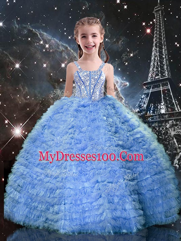 On Sale Blue Sleeveless Floor Length Beading and Ruffles Lace Up 15 Quinceanera Dress