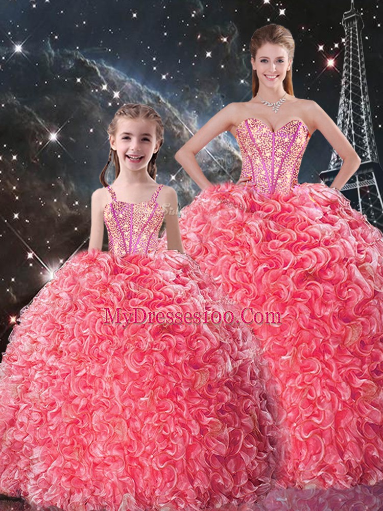Traditional Floor Length Coral Red Quince Ball Gowns Organza Sleeveless Beading and Ruffles