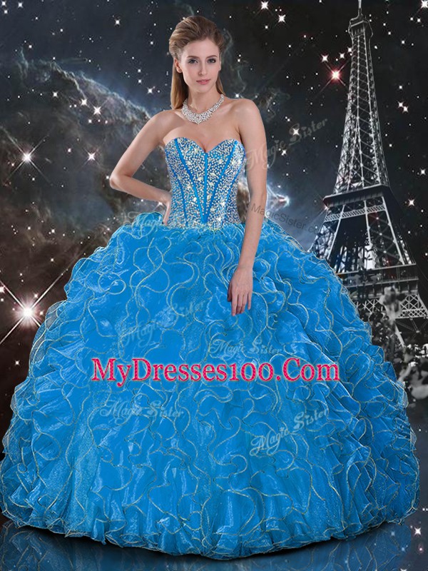 Beading and Ruffles Quinceanera Dresses Baby Blue Lace Up Sleeveless Floor Length
