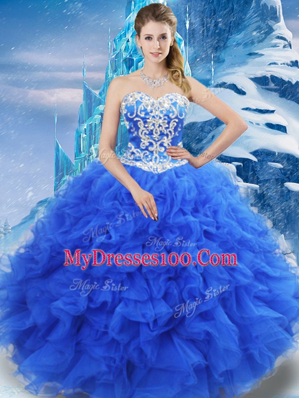Eye-catching Blue Ball Gowns Organza Sweetheart Sleeveless Beading and Ruffles Floor Length Lace Up Quinceanera Dress