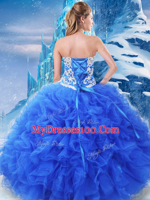 Eye-catching Blue Ball Gowns Organza Sweetheart Sleeveless Beading and Ruffles Floor Length Lace Up Quinceanera Dress