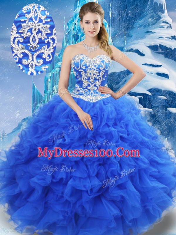 Eye-catching Blue Ball Gowns Organza Sweetheart Sleeveless Beading and Ruffles Floor Length Lace Up Quinceanera Dress