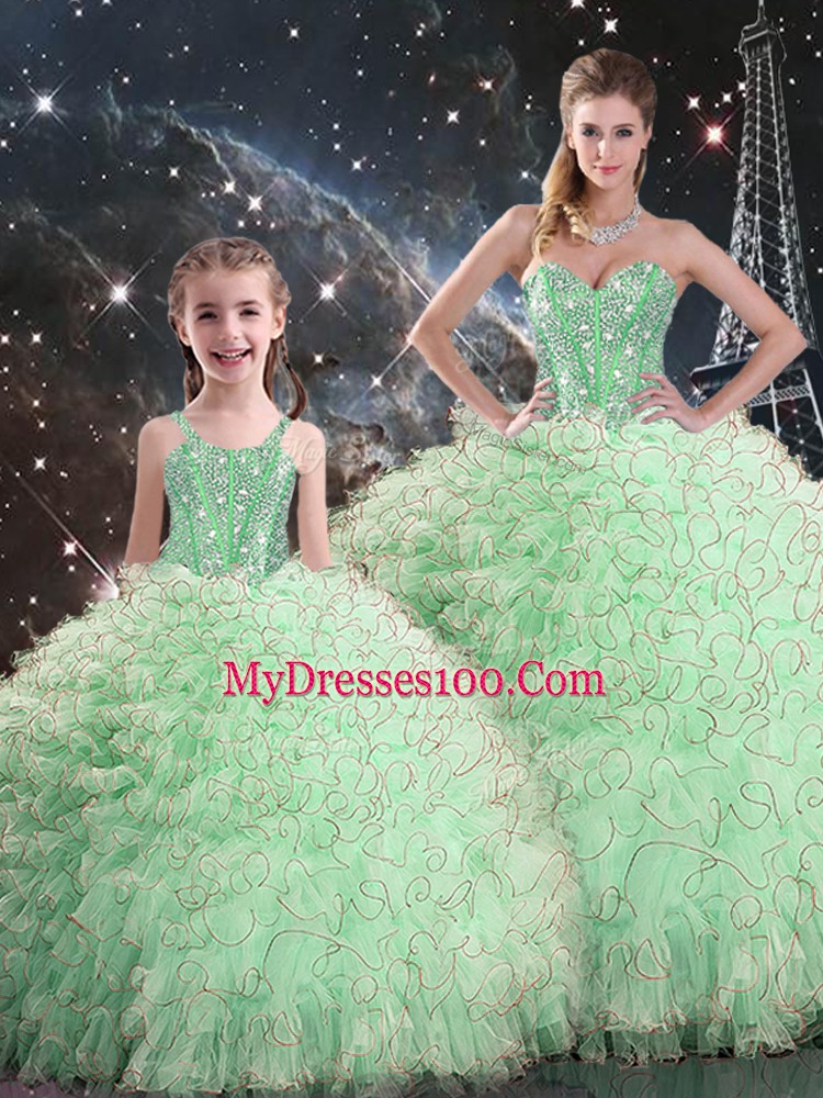 Apple Green Ball Gowns Organza Sweetheart Sleeveless Beading and Ruffles Floor Length Lace Up Sweet 16 Dresses