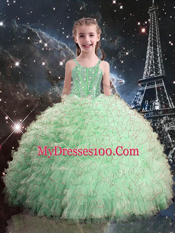 Apple Green Ball Gowns Organza Sweetheart Sleeveless Beading and Ruffles Floor Length Lace Up Sweet 16 Dresses