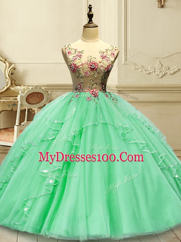 Green Vestidos de Quinceanera Military Ball and Sweet 16 and Quinceanera with Appliques Scoop Sleeveless Lace Up
