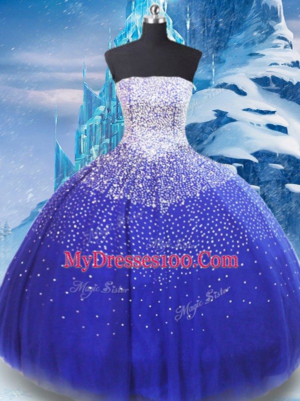 Cute Blue Sleeveless Floor Length Beading Lace Up Ball Gown Prom Dress