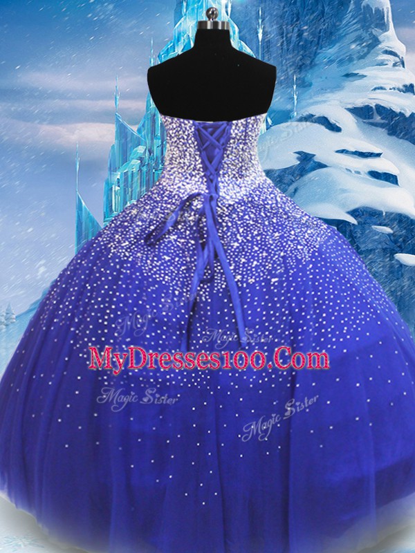 Cute Blue Sleeveless Floor Length Beading Lace Up Ball Gown Prom Dress