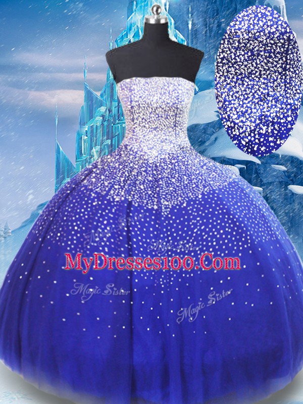 Cute Blue Sleeveless Floor Length Beading Lace Up Ball Gown Prom Dress