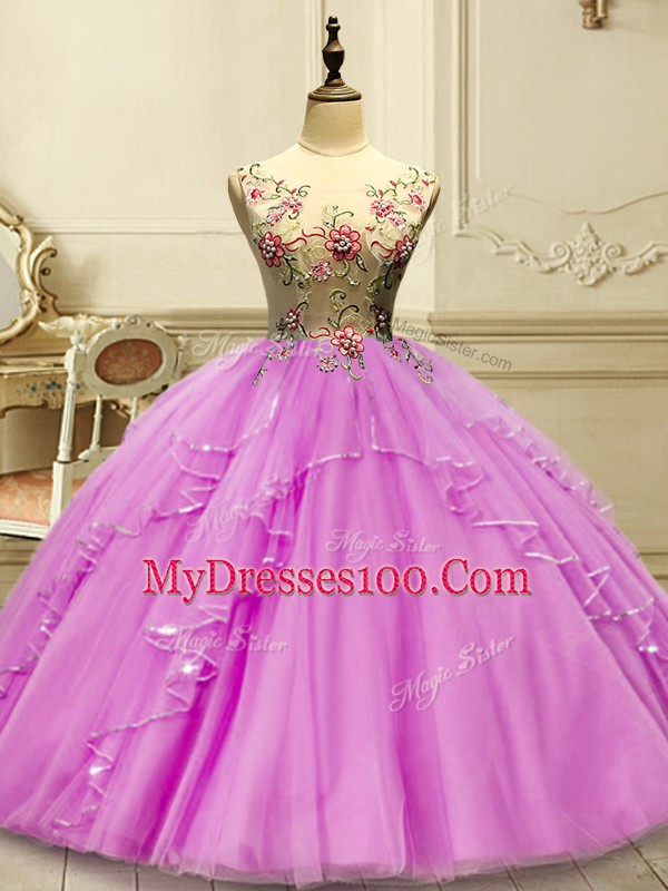 Lilac Lace Up Vestidos de Quinceanera Appliques Sleeveless Floor Length