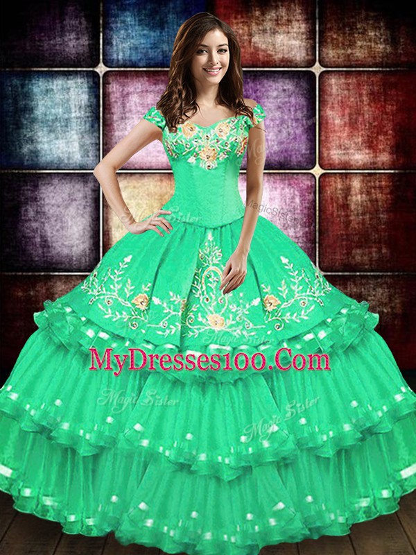 Affordable Turquoise Quinceanera Dress Military Ball and Sweet 16 and Quinceanera with Embroidery and Ruffled Layers Off The Shoulder Sleeveless Lace Up
