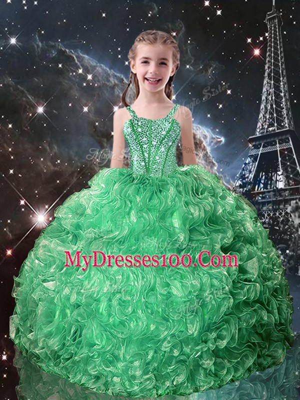 Floor Length Lace Up Child Pageant Dress Turquoise for Quinceanera and Wedding Party with Beading and Ruffles