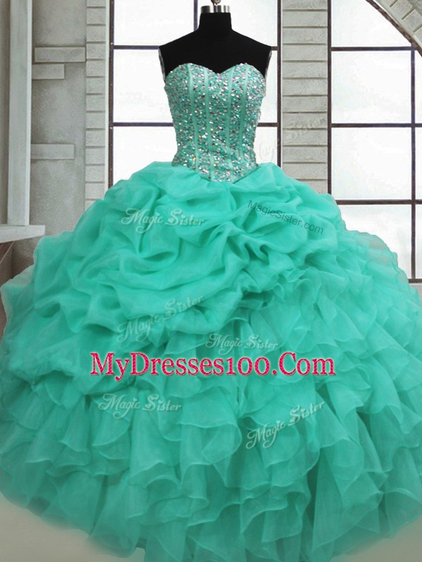 Turquoise Sleeveless Floor Length Beading and Ruffles and Pick Ups Lace Up Quinceanera Dresses