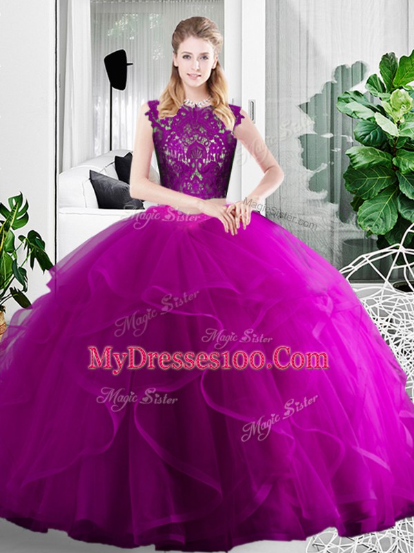 Modest Fuchsia Sleeveless Lace and Ruffles Floor Length 15 Quinceanera Dress