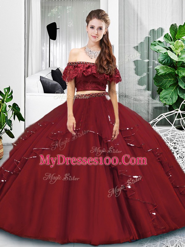 Deluxe Floor Length Lace Up 15th Birthday Dress Burgundy for Military Ball and Sweet 16 and Quinceanera with Lace and Ruffles