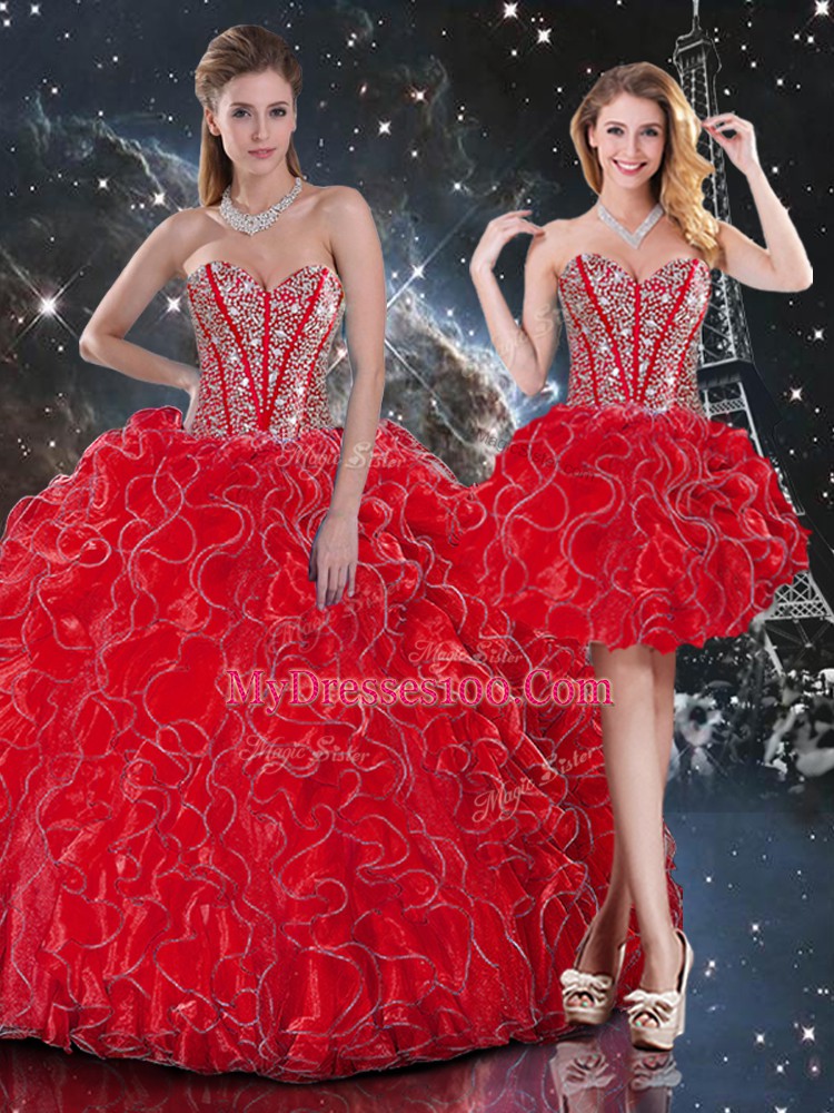 Excellent Sweetheart Sleeveless Organza Quinceanera Dress Beading and Ruffles Lace Up