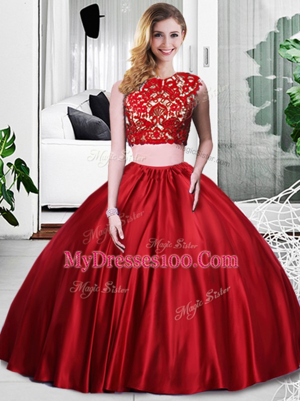 Floor Length Two Pieces Sleeveless Wine Red 15th Birthday Dress Zipper