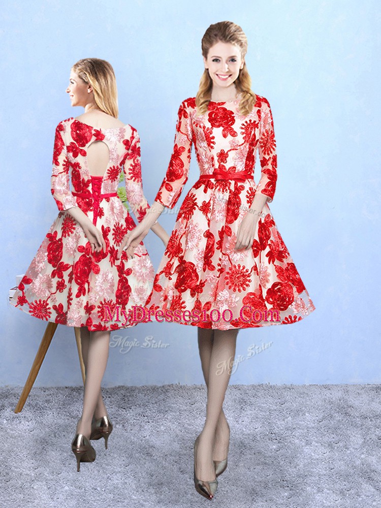 Red A-line Pattern Dama Dress Lace Up Printed 3 4 Length Sleeve Knee Length