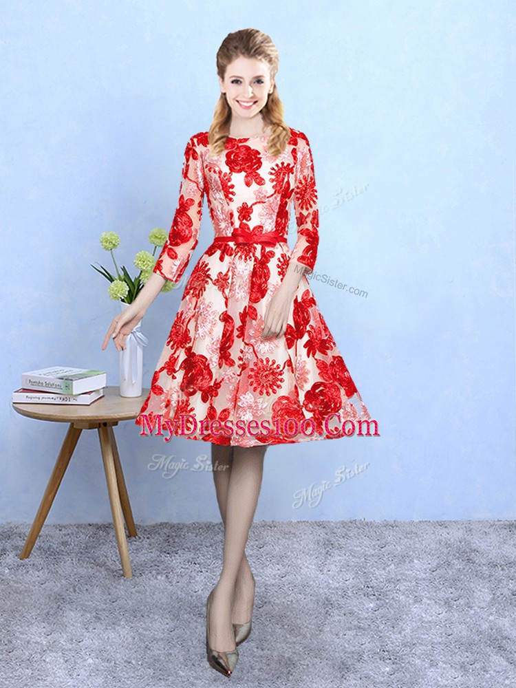 Red A-line Pattern Dama Dress Lace Up Printed 3 4 Length Sleeve Knee Length
