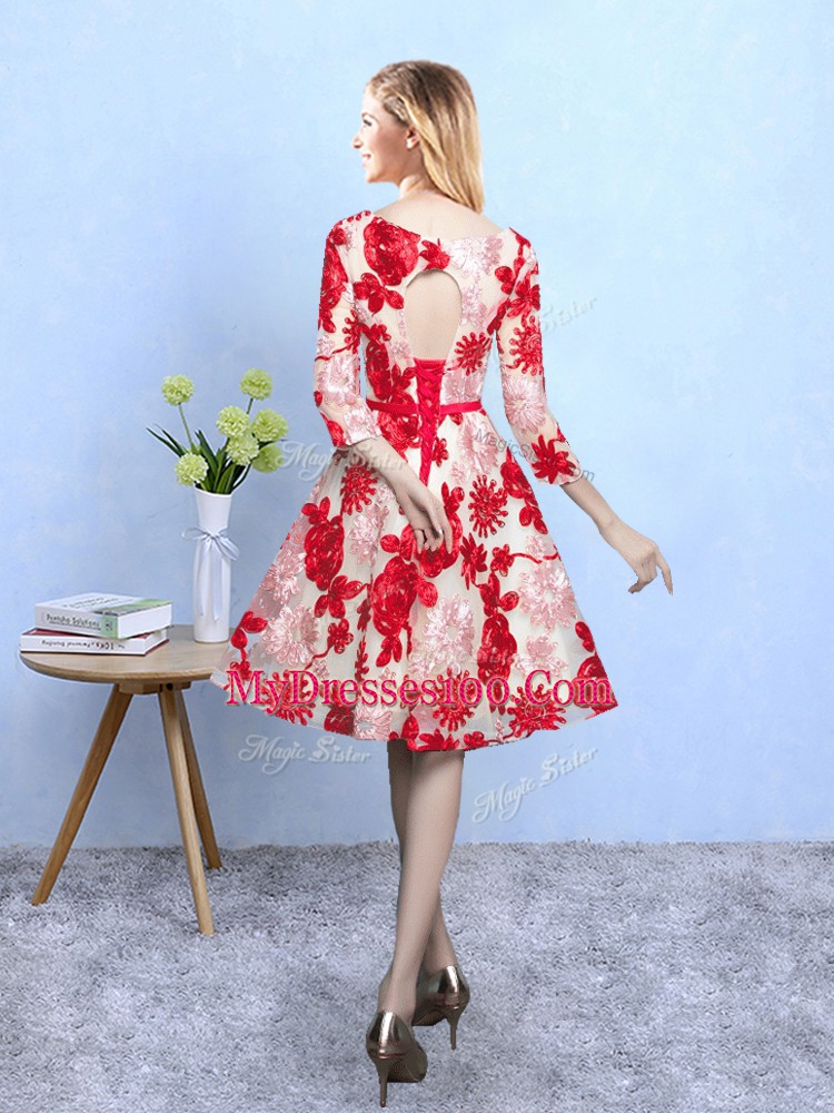 Red A-line Pattern Dama Dress Lace Up Printed 3 4 Length Sleeve Knee Length