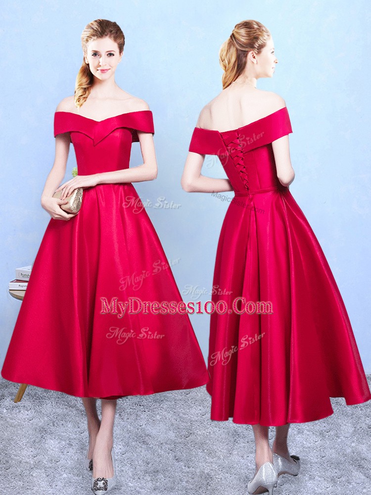 Custom Made A-line Damas Dress Wine Red Off The Shoulder Taffeta Sleeveless Tea Length Lace Up