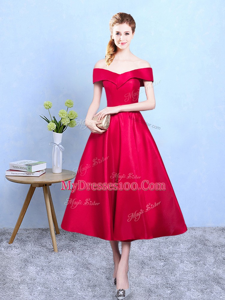 Custom Made A-line Damas Dress Wine Red Off The Shoulder Taffeta Sleeveless Tea Length Lace Up