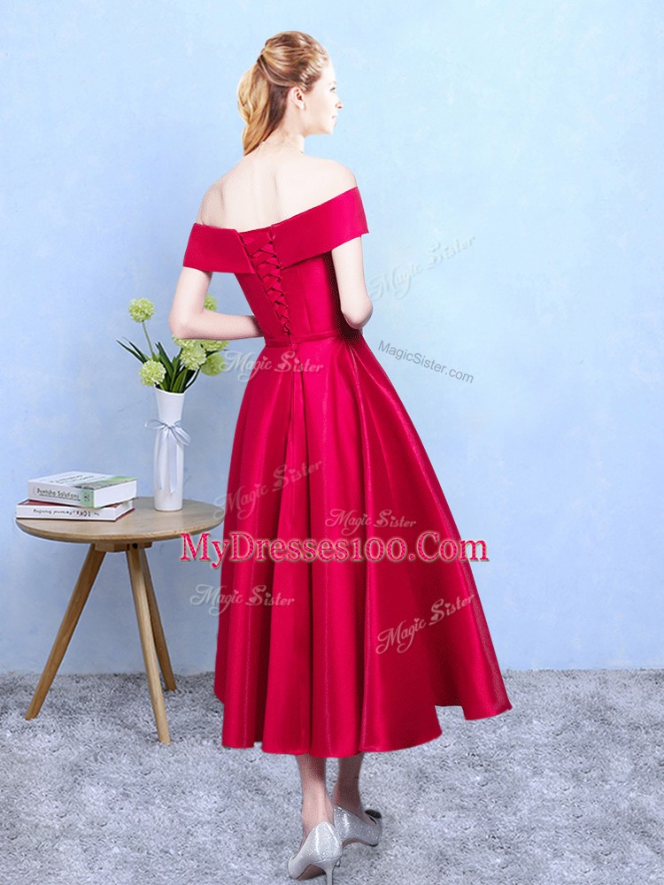 Custom Made A-line Damas Dress Wine Red Off The Shoulder Taffeta Sleeveless Tea Length Lace Up