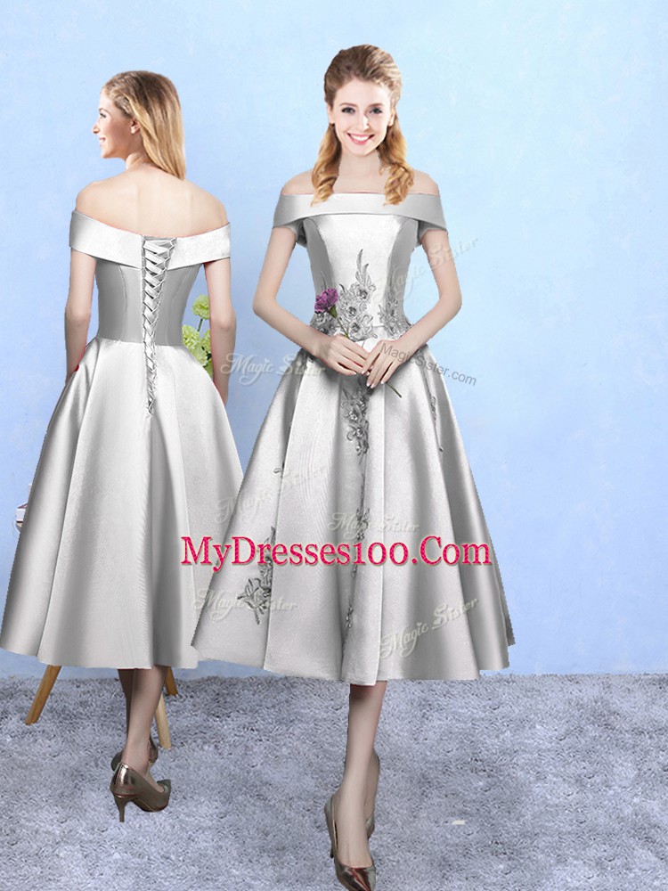 Silver Bridesmaid Dresses Prom and Party with Appliques Off The Shoulder Sleeveless Lace Up