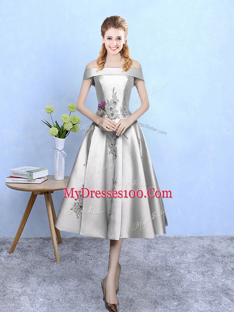 Silver Bridesmaid Dresses Prom and Party with Appliques Off The Shoulder Sleeveless Lace Up