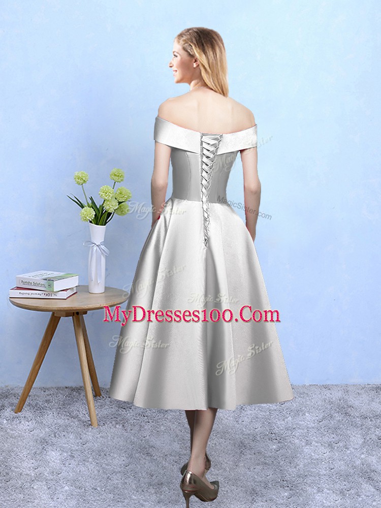Silver Bridesmaid Dresses Prom and Party with Appliques Off The Shoulder Sleeveless Lace Up
