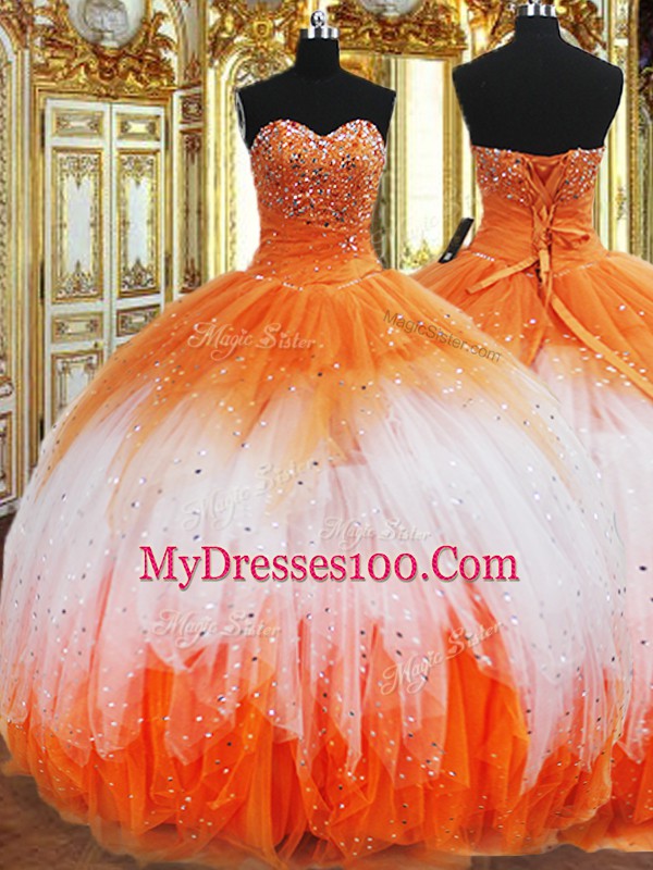 Multi-color Ball Gowns Organza Sweetheart Sleeveless Beading and Ruffles Floor Length Lace Up Vestidos de Quinceanera