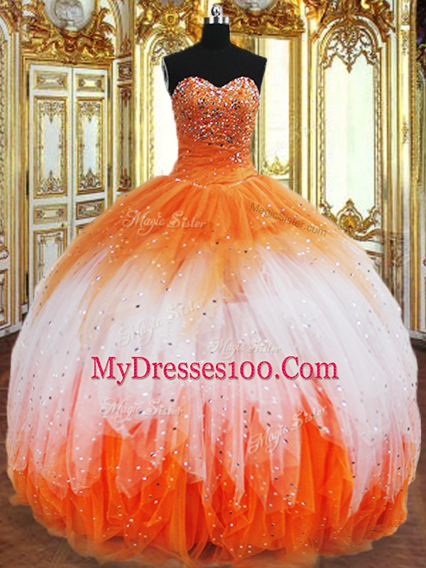 Multi-color Ball Gowns Organza Sweetheart Sleeveless Beading and Ruffles Floor Length Lace Up Vestidos de Quinceanera