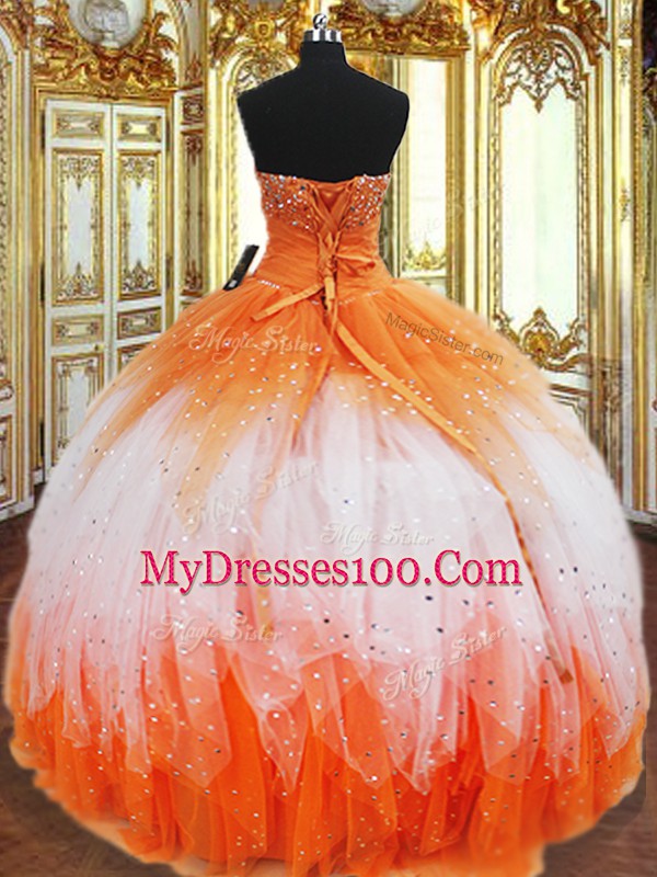 Multi-color Ball Gowns Organza Sweetheart Sleeveless Beading and Ruffles Floor Length Lace Up Vestidos de Quinceanera