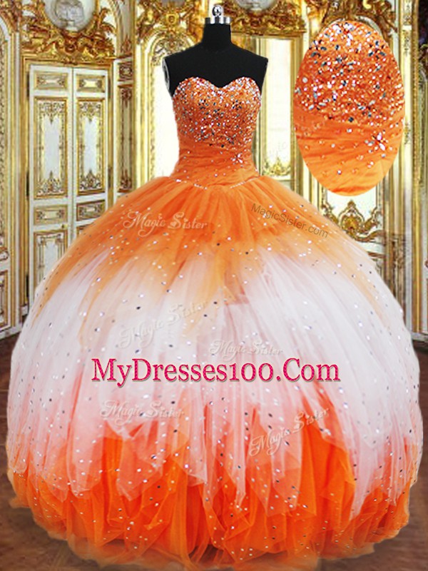 Multi-color Ball Gowns Organza Sweetheart Sleeveless Beading and Ruffles Floor Length Lace Up Vestidos de Quinceanera