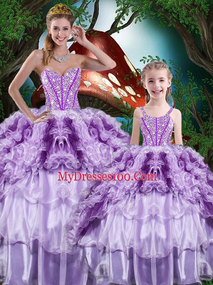 Decent Sweetheart Sleeveless Organza 15 Quinceanera Dress Beading and Ruffles and Ruffled Layers Lace Up