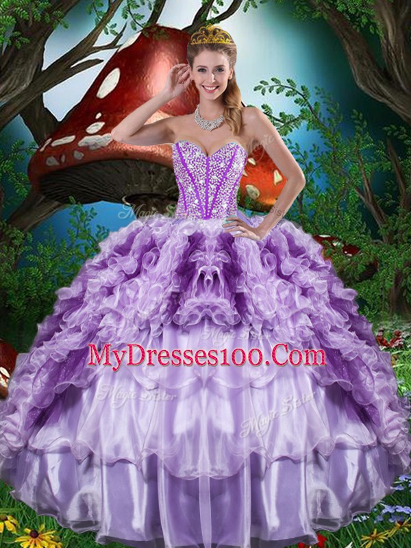 Decent Sweetheart Sleeveless Organza 15 Quinceanera Dress Beading and Ruffles and Ruffled Layers Lace Up