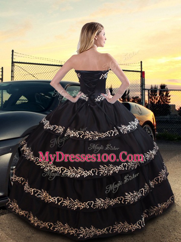 Adorable Sleeveless Floor Length Embroidery and Ruffled Layers Lace Up Sweet 16 Dress with Black