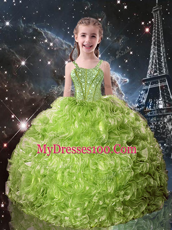 Stylish Olive Green Organza Lace Up Child Pageant Dress Sleeveless Floor Length Beading and Ruffles