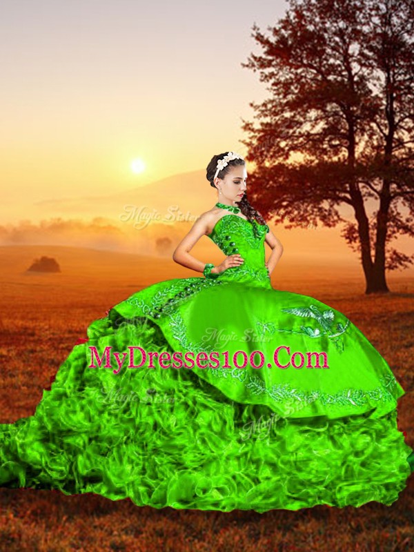 Classical Green Quinceanera Gowns Military Ball and Sweet 16 and Quinceanera with Embroidery and Ruffles Sweetheart Sleeveless Brush Train Lace Up
