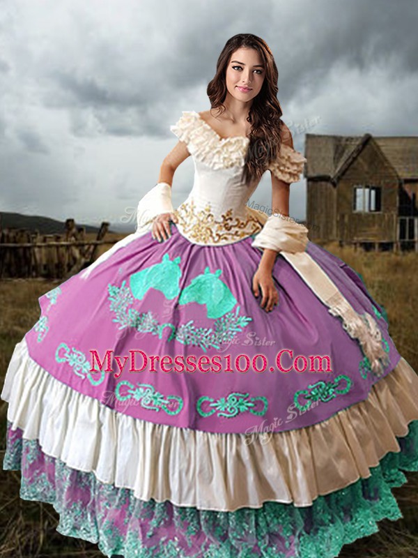 Multi-color Taffeta Lace Up Off The Shoulder Sleeveless Sweet 16 Dress Brush Train Embroidery and Ruffled Layers