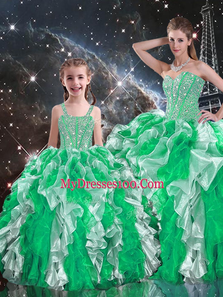 On Sale Sleeveless Floor Length Beading and Ruffles Lace Up 15th Birthday Dress with Multi-color