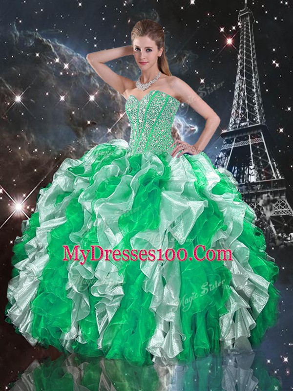 On Sale Sleeveless Floor Length Beading and Ruffles Lace Up 15th Birthday Dress with Multi-color