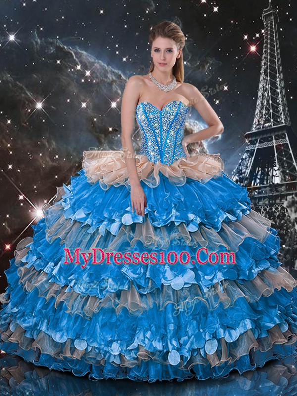 Organza Sleeveless Floor Length Sweet 16 Quinceanera Dress and Beading and Ruffles and Ruffled Layers