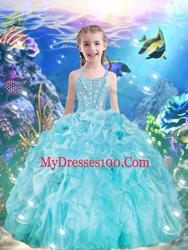 Latest Organza Straps Sleeveless Lace Up Beading and Ruffles Little Girls Pageant Dress Wholesale in Aqua Blue
