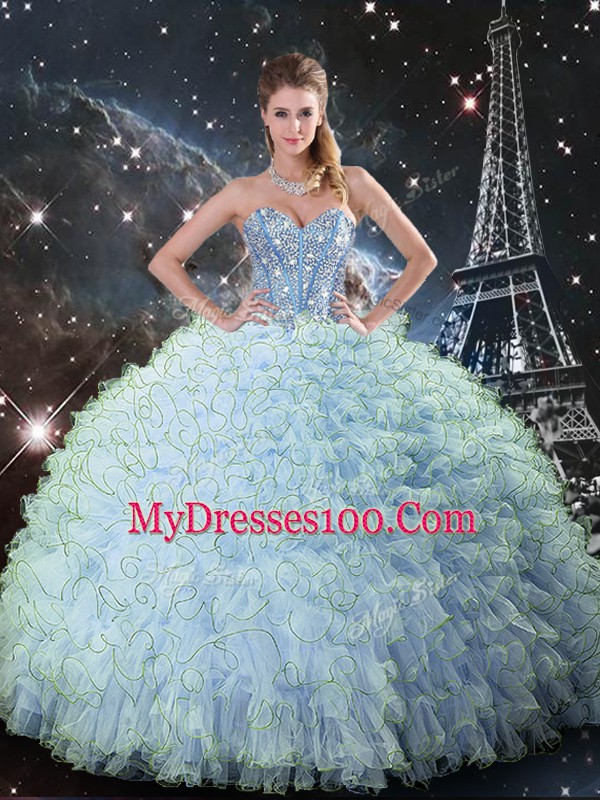 Low Price Sleeveless Floor Length Beading and Ruffles Lace Up Sweet 16 Dresses with Aqua Blue