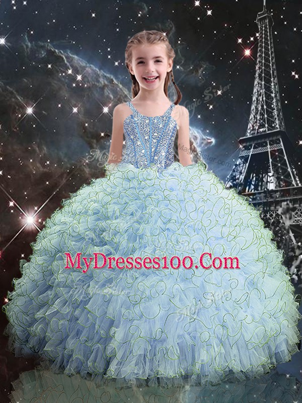 Low Price Sleeveless Floor Length Beading and Ruffles Lace Up Sweet 16 Dresses with Aqua Blue