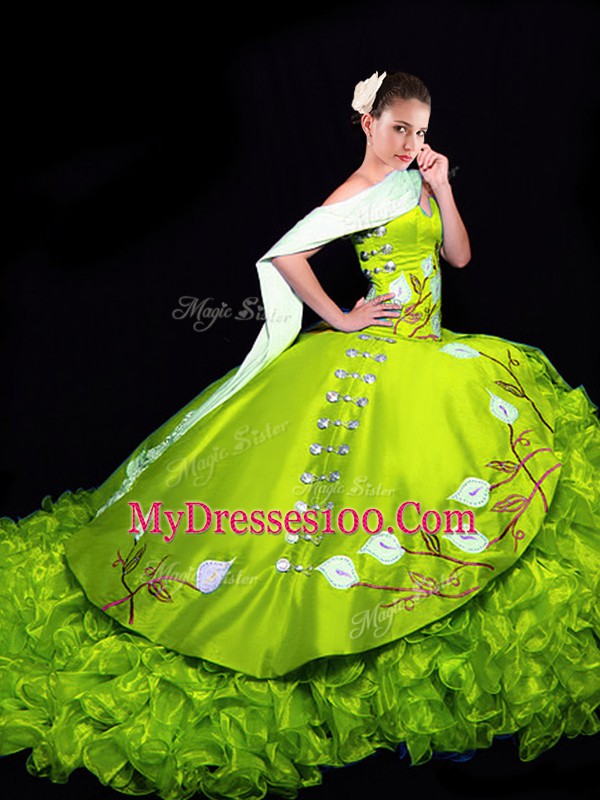Captivating Yellow Green Ball Gowns Organza Sweetheart Sleeveless Embroidery and Ruffles Lace Up Sweet 16 Dress Brush Train