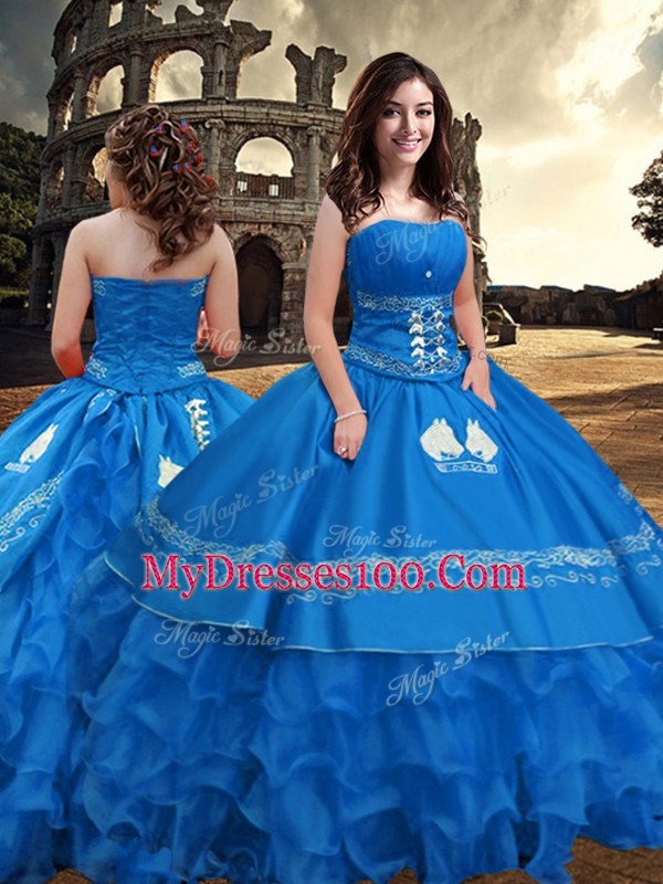 Super Blue Taffeta Zipper Ball Gown Prom Dress Sleeveless Floor Length Embroidery and Ruffled Layers