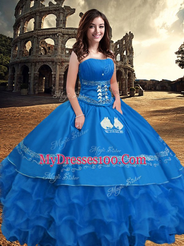 Super Blue Taffeta Zipper Ball Gown Prom Dress Sleeveless Floor Length Embroidery and Ruffled Layers