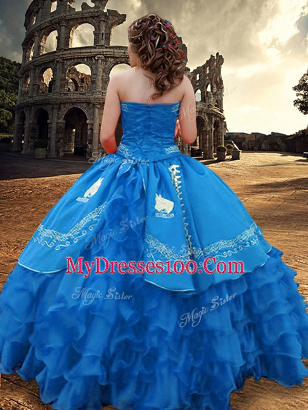 Super Blue Taffeta Zipper Ball Gown Prom Dress Sleeveless Floor Length Embroidery and Ruffled Layers